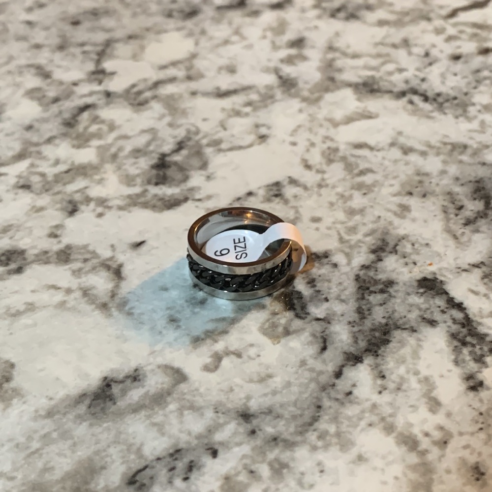 Silver Fidget Ring with Spinning Black Chain